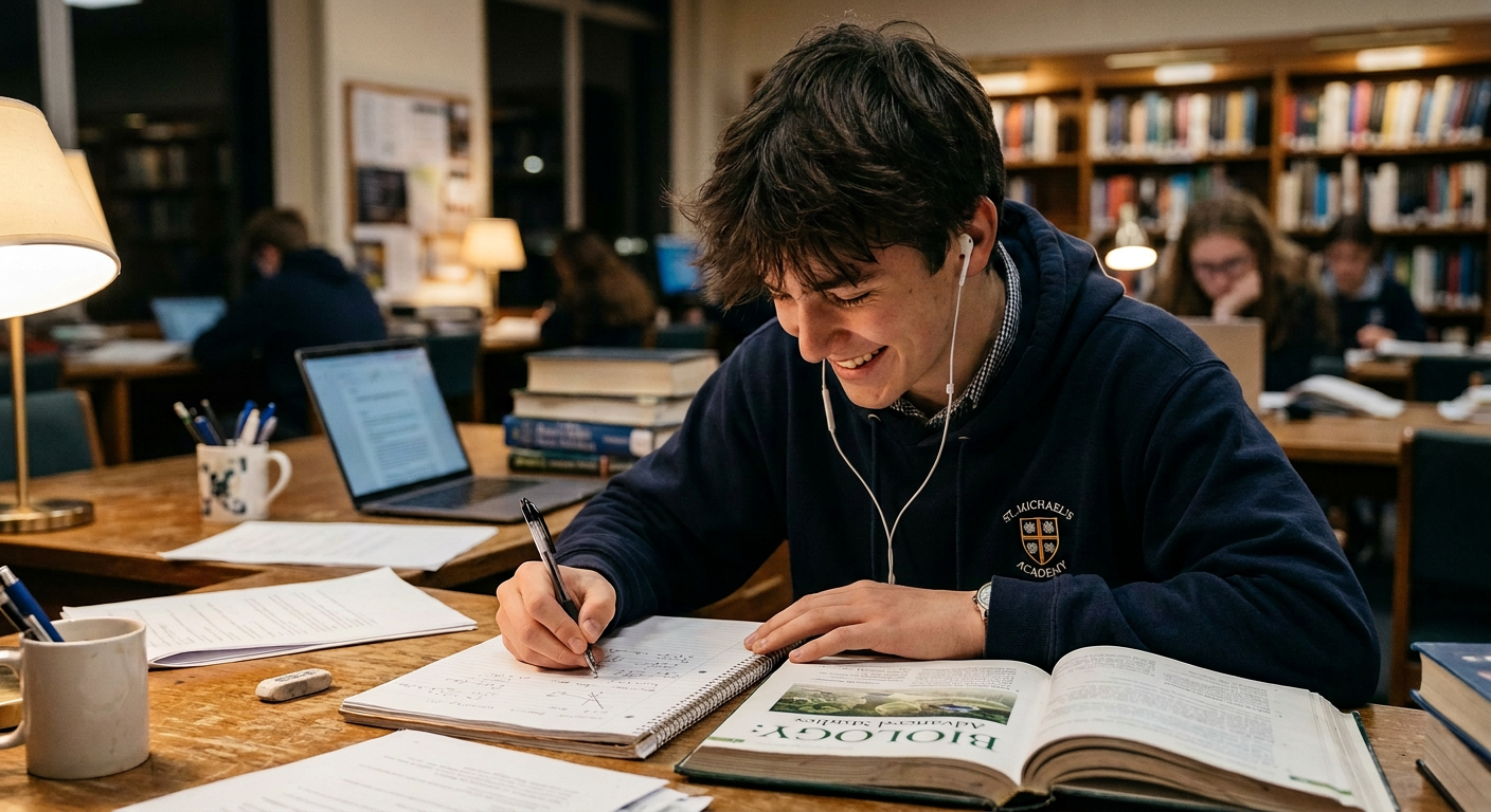 Focused schoolboy using headphones as a helpful tool for attention