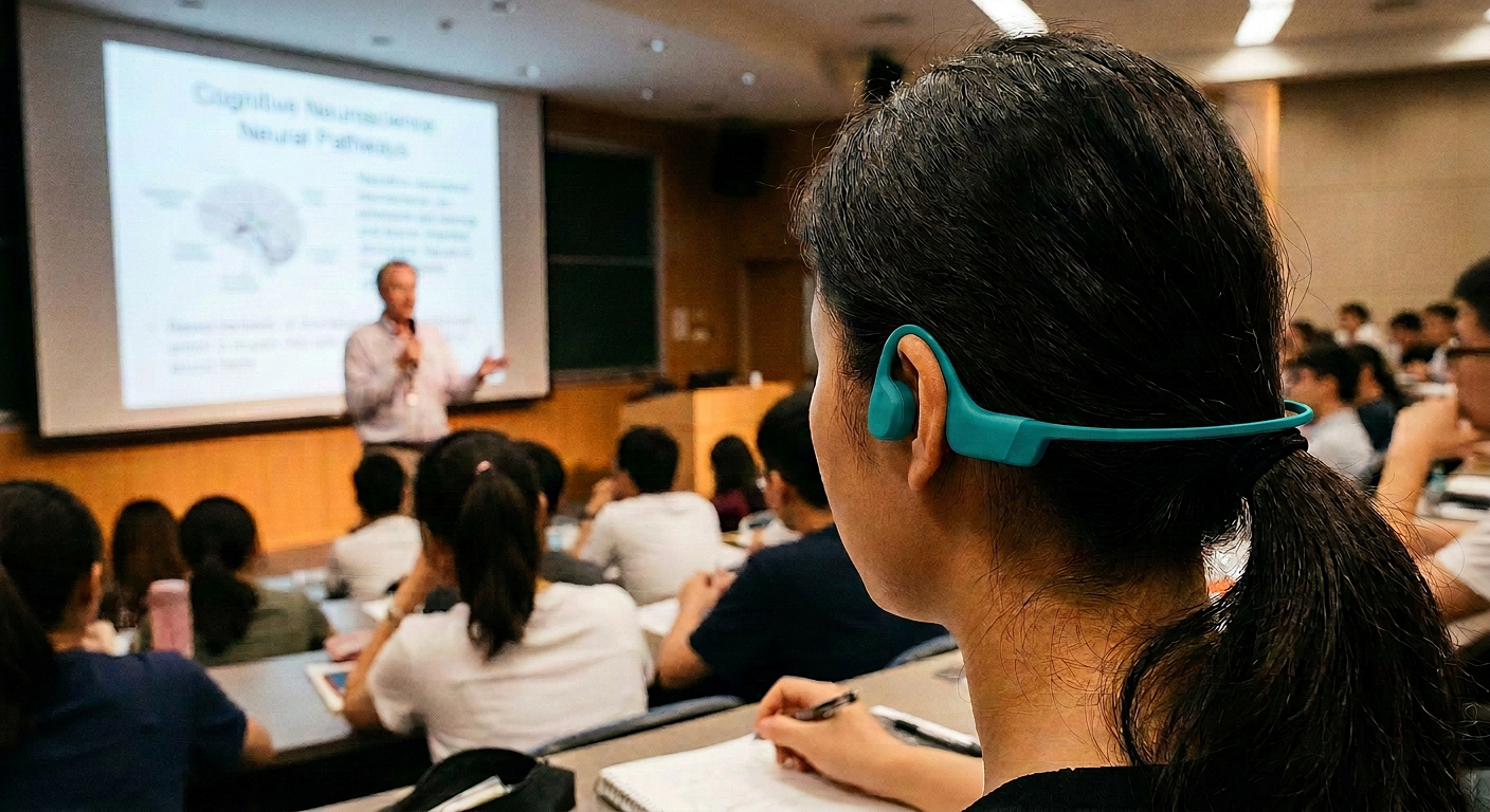 Student using bone conduction headphones for focused study