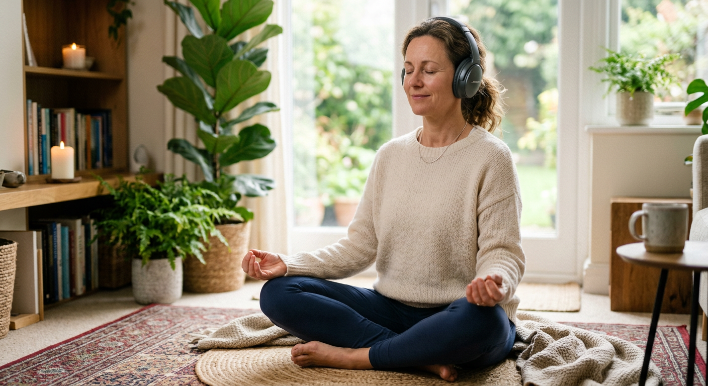 Calm meditation session with headphones