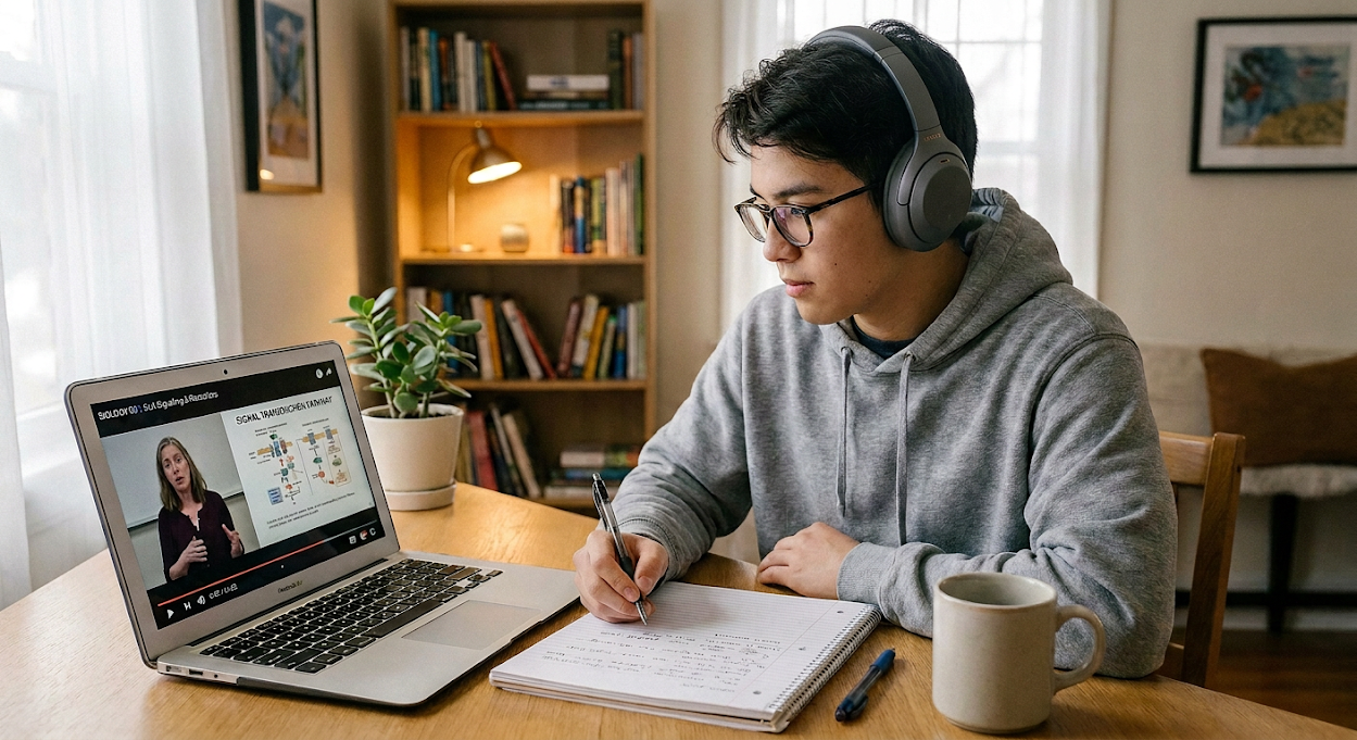 Student engaged in focused online lecture study