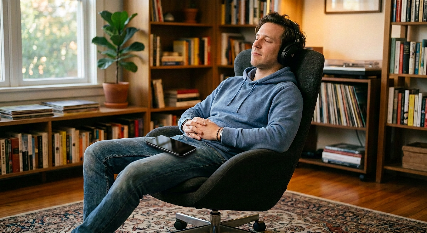 Blissful listener relaxing in a swivel chair