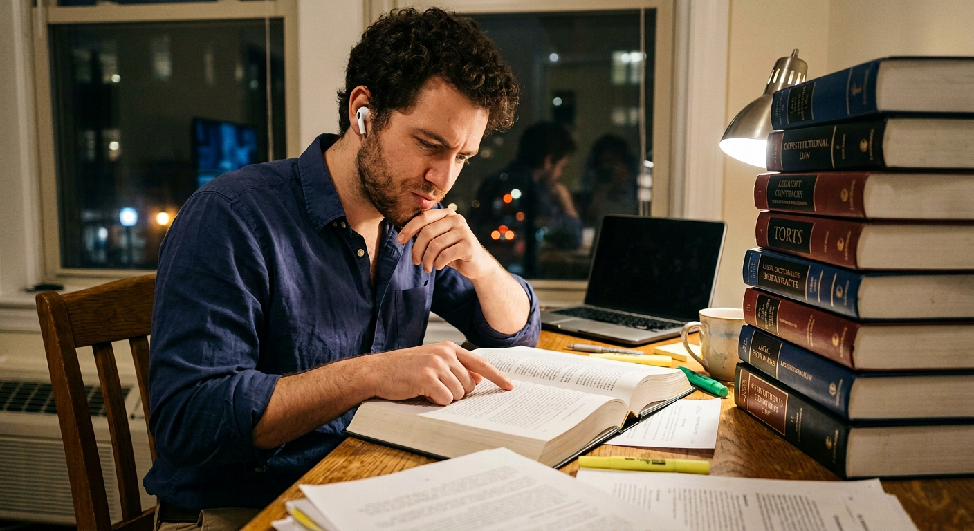 Focused law student studying at desk